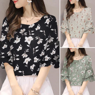 Mujer Verano Cuello O Estampado Camisa Manga Corta Informal Suelta Blusa Pullover Top Foto 1 de 4