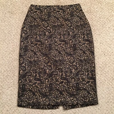 Falda Worthington Talla 4 Negro Dorado Paisley Midi Forrada Abertura Lápiz Foto 1 de 4