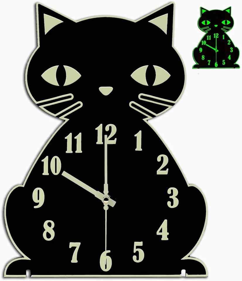 CROSSTIME Cat Wall Clock Night Light Glow in the Dark Silent Non-Ticking Battery Operated