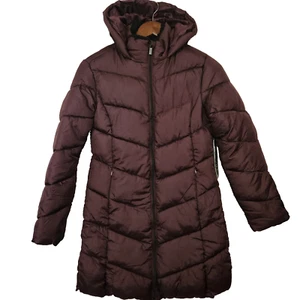 Neu Big Chill Damen Kapuze Chevron Puffer Mantel lang Größe S burgunderrot waschbar - Bild 1 von 13