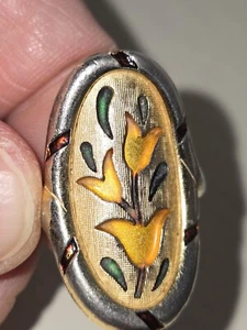 Vintage Crown Trifari 60's Tulip Yellow Enamel Gold Tone Ring [SZ UNKNOWN] - Picture 1 of 8