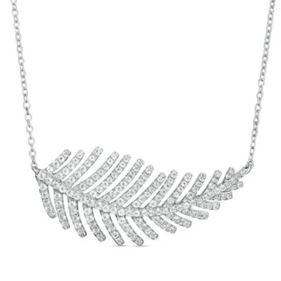 Colgante y collar de plata esterlina pluma lateral circonita cúbica corte redondo blanco de 1/5 quilates 18" Foto 1 de 4