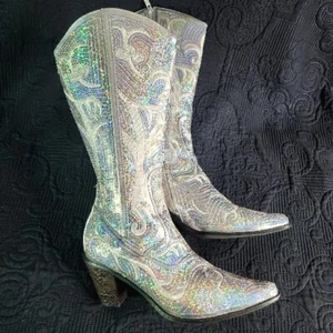 Silver Sequin Hologram Wild & Free Tall Boots Size 12 - Helen Heart - Picture 1 of 11