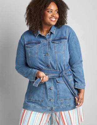 Lane Bryant Denim Jacket Belted Sz 26 Mid Length Utility Shacket Pockets NEW - Image 1 of 4