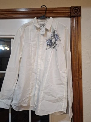 Men's L White Long Sleeve Button Up Shirt With Skull Dagger And Roses Graphic... - Image 1 of 4
