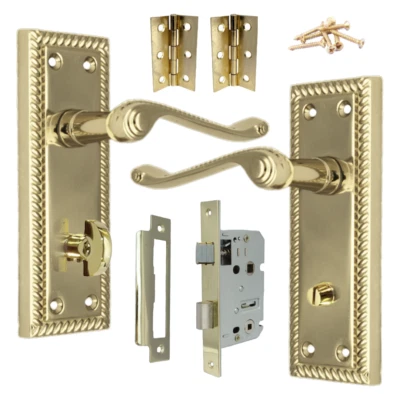 Georgian Door Handle Brass, Bathroom WC Toilet Handles, Mortice Lock Hinges Set - Image 1 of 4