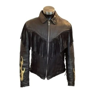 Chaqueta de motocicleta vintage hecha en EE. UU. Co. con flecos de cuero negro para hombre - Imagen 1 de 14