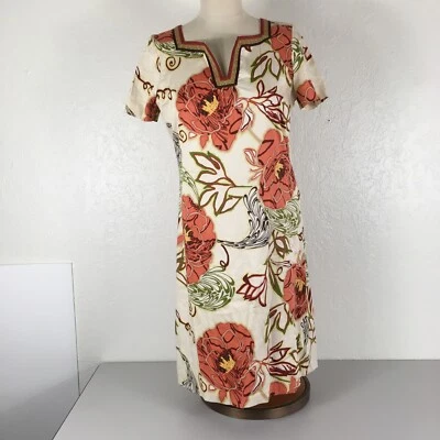 Dana Buchman Floral Sheath Dress 6 Beige Melon Green V-Neck Side Zip Knee Length - Image 1 of 4
