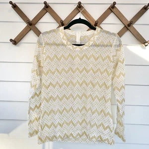 Vintage White & Gold Chevron Knit Long Sleeve Top semi sheer 50s style mod - Picture 1 of 5