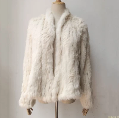 Abrigo chaqueta cárdigan tejido de piel de conejo real hecho a medida para mujer  Foto 1 de 4