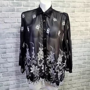 Camicetta vintage anni 80 90 Sam donna 2XL trasparente popover ricamata floreale L/S - Foto 1 di 7
