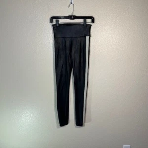 Spanx Faux Leather Leggings Womens Small Black White Side Stripe Shaping - Picture 1 of 5