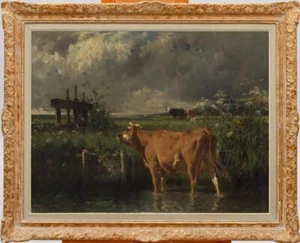 Antiguo arte maestro hecho a mano pintura al óleo antigua retrato de animales vacas sobre lienzo - Imagen 1 de 2