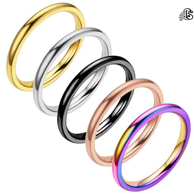 Juego de 5 anillos de alianza de boda apilables lisos de acero inoxidable de 2 mm para mujer talla 6-11 de EE. UU. Foto 1 de 4