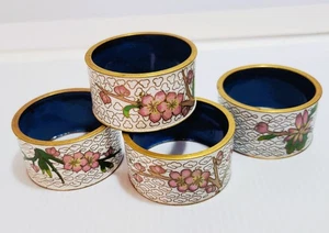4 Vintage Cloisonne Brass Enamel Napkin Rings White with Pink Floral - Picture 1 of 10