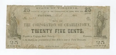 1861 25c The Corporation of Charlestown, (WEST) VIRGINIA Note - CIVIL WAR Era - Image 1 of 2