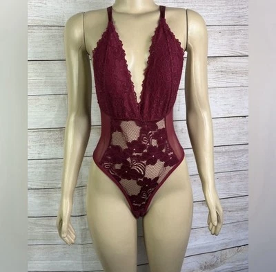 Body de encaje entrepierna a presión borgoña sin marca para mujer sin talla Foto 1 de 4
