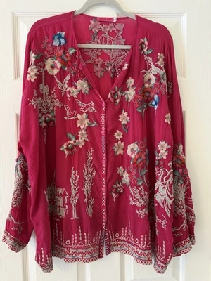 NWOT JOHNNY WAS Heavily Embroidered Top Elias Blouse Hot Pink Unique XXL New - Image 1 of 4