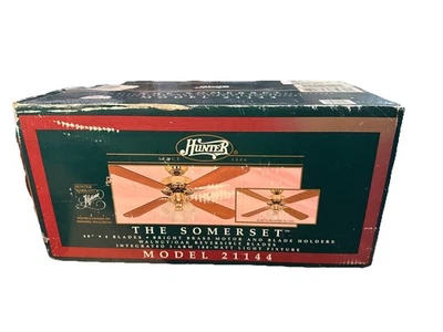 New Hunter Somerset 21144 Bright Brass Ceiling Fan With Reverse Blades & Light - Image 1 of 4