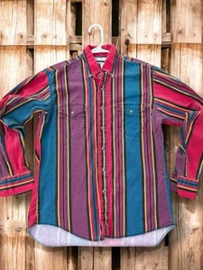 Vintage Wrangler Shirt Mens 15.5/34 M Striped Western Brushpopper Cowboy Rodeo - Picture 1 of 7