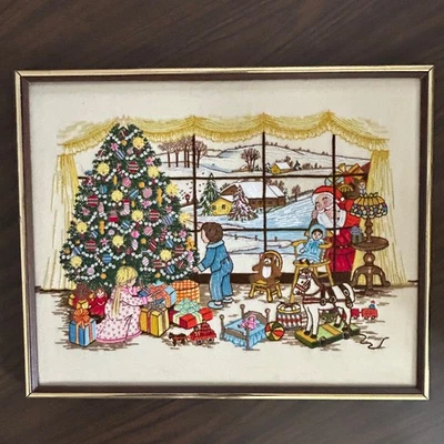 Vintage Crewel Embroidery Christmas Scene Santa Tree Toys Mid Century Framed - Image 1 of 4