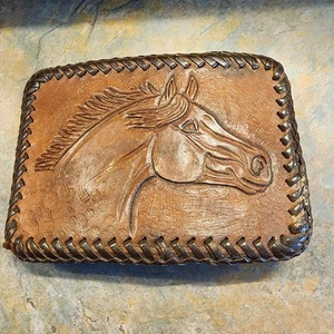 Vtg Brown Leather Tooled Horse Head Rectangular Western Belt Buckle 4x3 - Picture 1 of 8