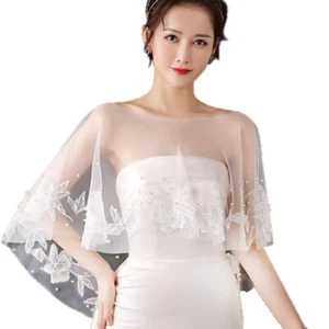 Women Floral Lace Embroidered Shrug Shawl Wrap Wedding Bridal Bolero Cover Up - Picture 1 of 8