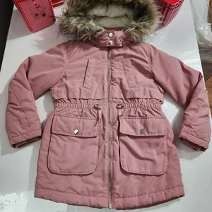 H&M Girls Faux Fur Hooded Pink Parka Coat Jacket Size 7 - Picture 1 of 15