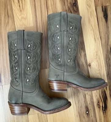 Vintage Womens Frye Olive Austin Floral Cut Out Cowboy Western Boots 6.5M VGUC - Image 1 of 4