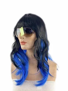 Two Toned Black with Blue Streak Chunks Underneath Sexy Vamp Women's Costume Wig - Picture 1 of 3