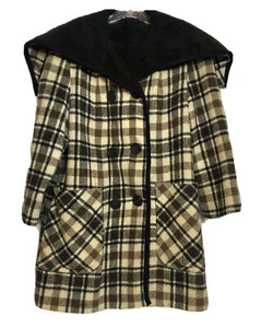 Betty Rose Women's Vintage Coat~Sz 14S~Black Plaid~Wool~Fleece Lined~Hood~Hippie - Picture 1 of 10