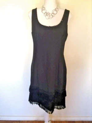 Design For Evening by Rockmans Black Sequin Dress with cute Fringing, Size 14 - image 1 of 4