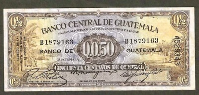 1946 GUATEMALA 1/2 QUETZAL 50 CENTAVO ~ P-19a ~ OVERPRINT ISSUE ~ EXTREMELY FINE - Image 1 of 2