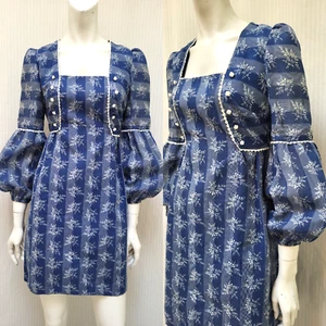 Vintage 1960s LISA JO Blue White Floral Stripe Mini Dress - Size S - EUC - Picture 1 of 8