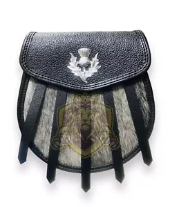 Handmade Scottish New Design Kilt Sporran Premium Leather with Chain Strap - Picture 1 of 3
