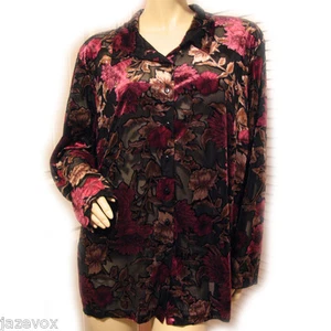 New Vintage Y2K 90s Laura Scott Velour Floral Sheer Top 18W Button Up Whimsigoth - Picture 1 of 12