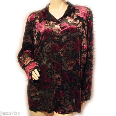 Nuevo Top Vintage Y2K Años 90 Laura Scott Terciopelo Floral Transparente 18W Abotonado Capricho Foto 1 de 4