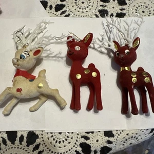 VTG Felt Plastic Reindeer Red White Polka Dot Christmas Tree Ornament Lot of 3 - Picture 1 of 11