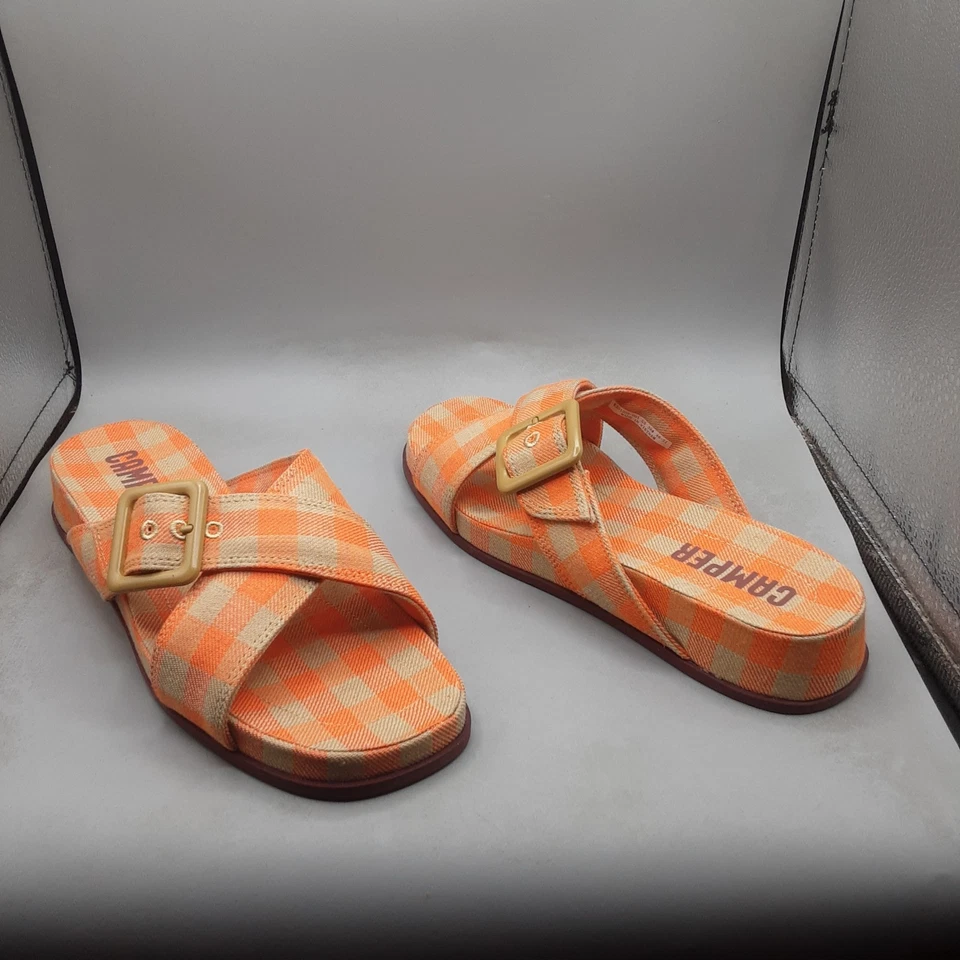 Женские сандалии-шлепанцы Camper Atonik крест-накрест 8 М оранжевые разноцветные клетчатые A1 - Изображение 1 из 4