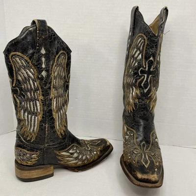 Botas Corral Angel Wing Mujer 6.5M Negro Dorado Cruz Oeste Botas A1986 Envejecidas Foto 1 de 4