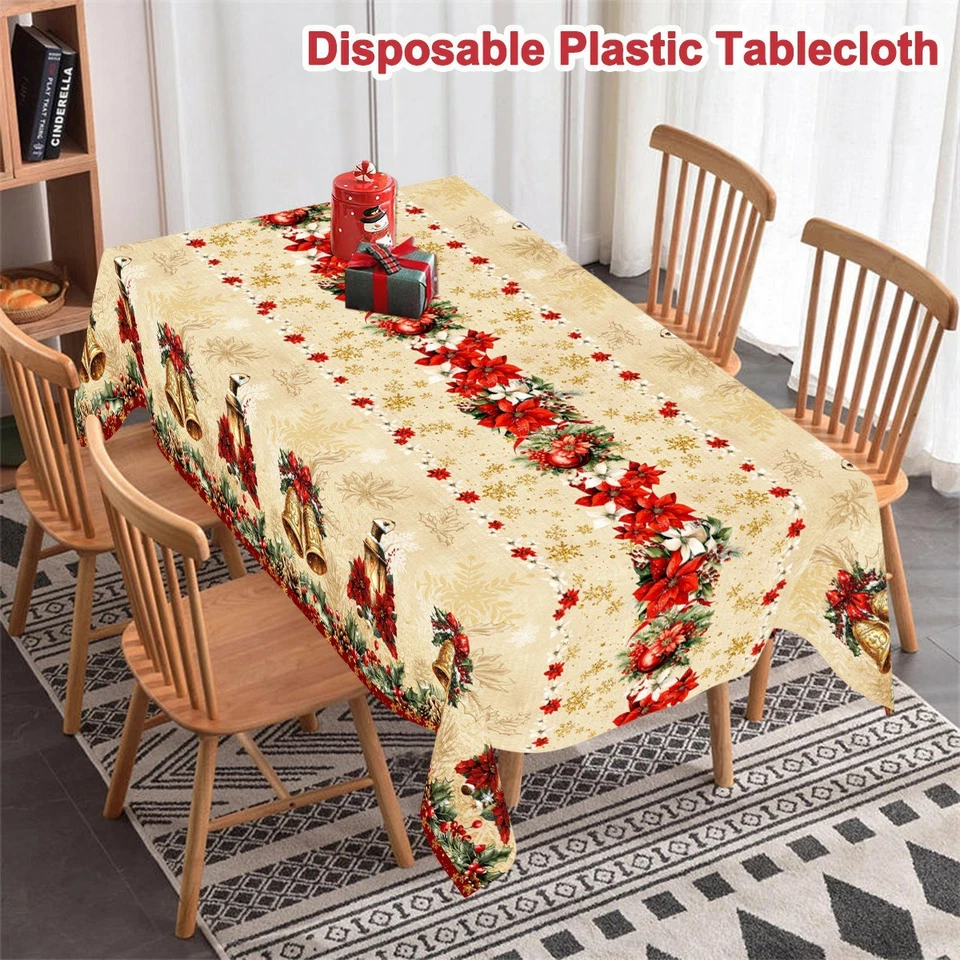 Christmas Disposable Tablecloth Gold Bells & Poinsettias 87"×51" New  - Image 1 of 3