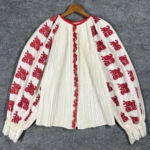 VINTAGE Hungarian Folk Blouse Top Womens Heavy Linen Embroidered Floral Peasant - Picture 1 of 21