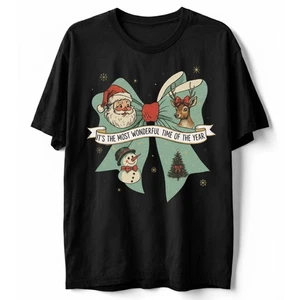 Vintage Weihnachten Schleife T-Shirt Santa Rentier Schneemann Most Wonderful Time Tee - Bild 1 von 18