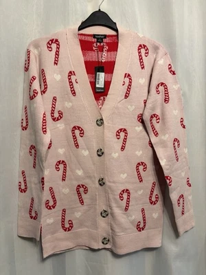 @248 Boohoo Sz M 12/14 Pale Pink Candy Canes&Hearts Xmas Cardigan Nwt - Image 1 of 3