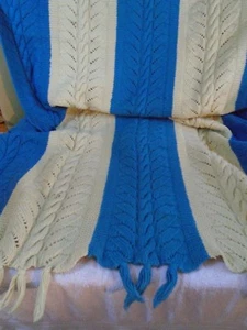 Handmade Blue And Cream Knit Afghan Throw Made by  my Aunt Large 76" x 65" - Picture 1 of 4