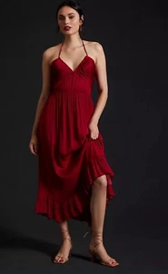 Anthropologie geruchtes Neckholder Midi Kleid rot gesmockt hinten Rüsche Größe Small - Bild 1 von 17