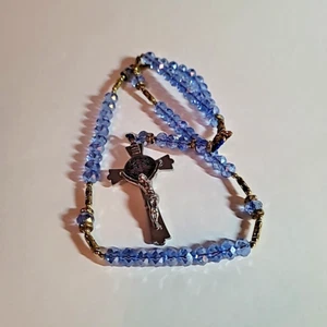 Baby Blue Crystal/Glass Beads Rosary Necklace Catholic Holy Jesus Cross Crucifix - Picture 1 of 19