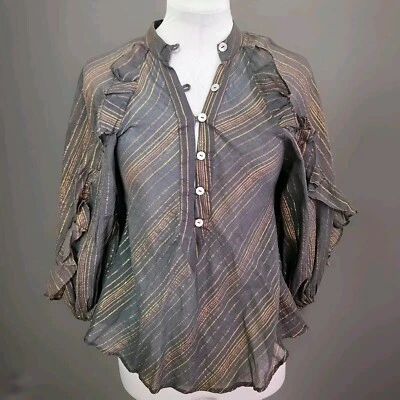 Jens Pirate Booty Purple with Copper Stripe Troubadour Ruffle Blouse Womens XS - Image 1 of 4