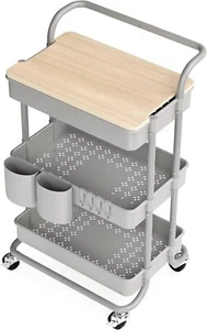 3 Tier Rolling Cart with Table Top Storage Handles and Locking Wheels Utility - Picture 1 of 2