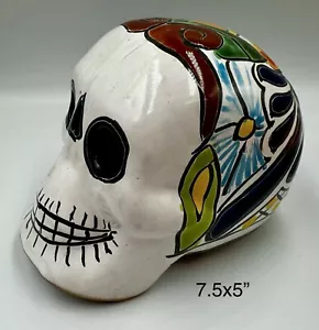 Mexican Art Pottery Day Of The Dead Clay Skull Handmade Folk Art Halloween Decor - Picture 1 of 7